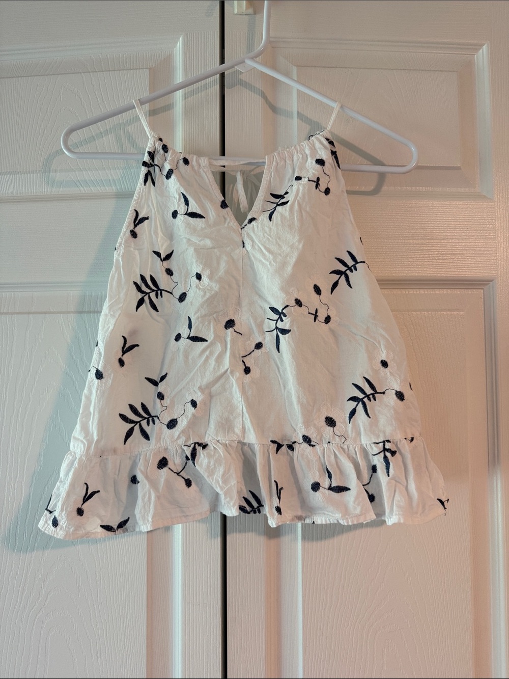 Caution To The Wind White Tank with Navy Floral Embroidery